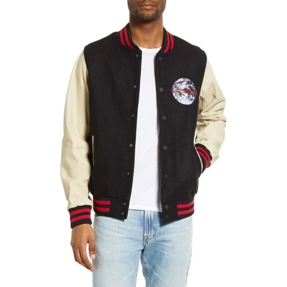Ksubi Men’s Large Globe Leather Bomber Jacket Wool Leather Black Ivory Red New